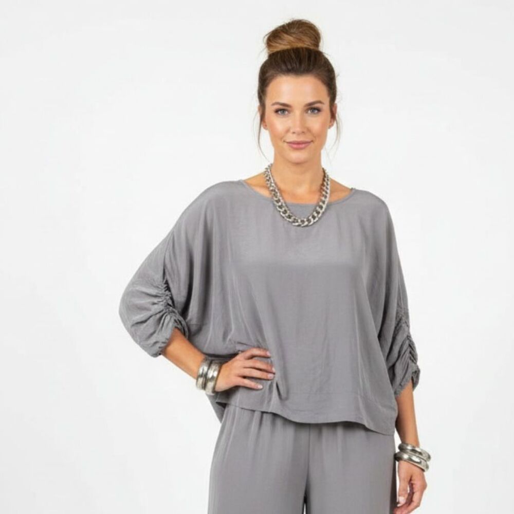 Grizas 100% Silk Gray Long Ruched Sleeve Oversized Cropped Blouse Top M